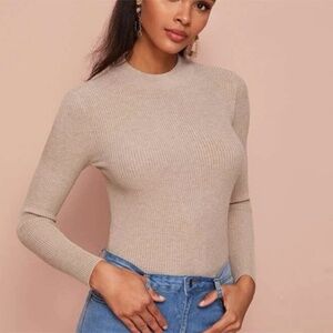 Beige Solid Mock Neck Ribbed Knit Sweater